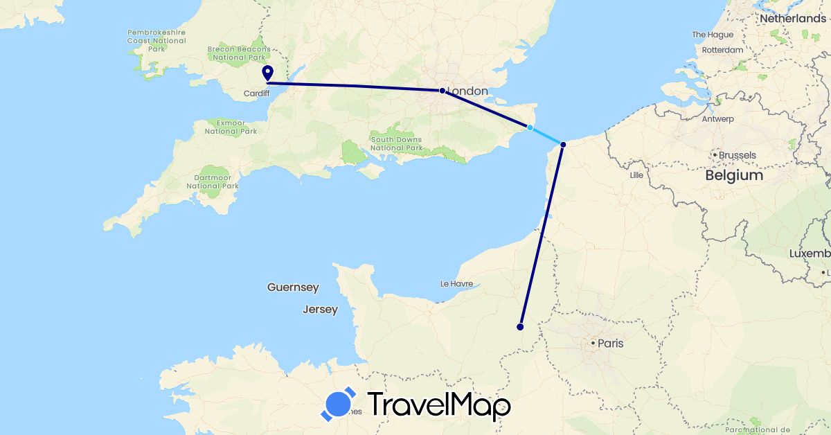 TravelMap itinerary: driving, boat in France, United Kingdom (Europe)